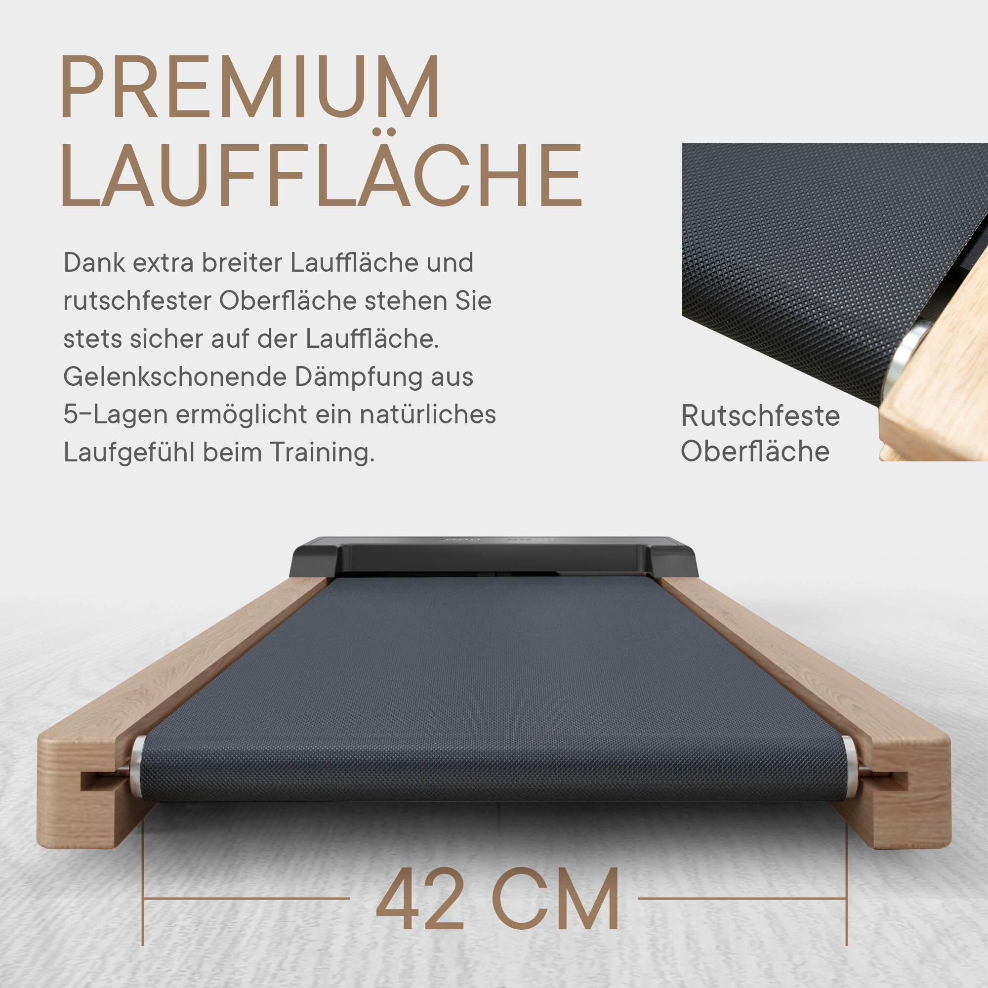 KINETIC SPORTS Laufband für Schreibtisch DW6 Walking Pad – Design-Laufband mit Echtholz, 42 cm Lauffläche, LED Display, Bluetooth Lautsprecher, Under Desk Treadmill für Zuhause und Büro, bis 120 kg | Standard