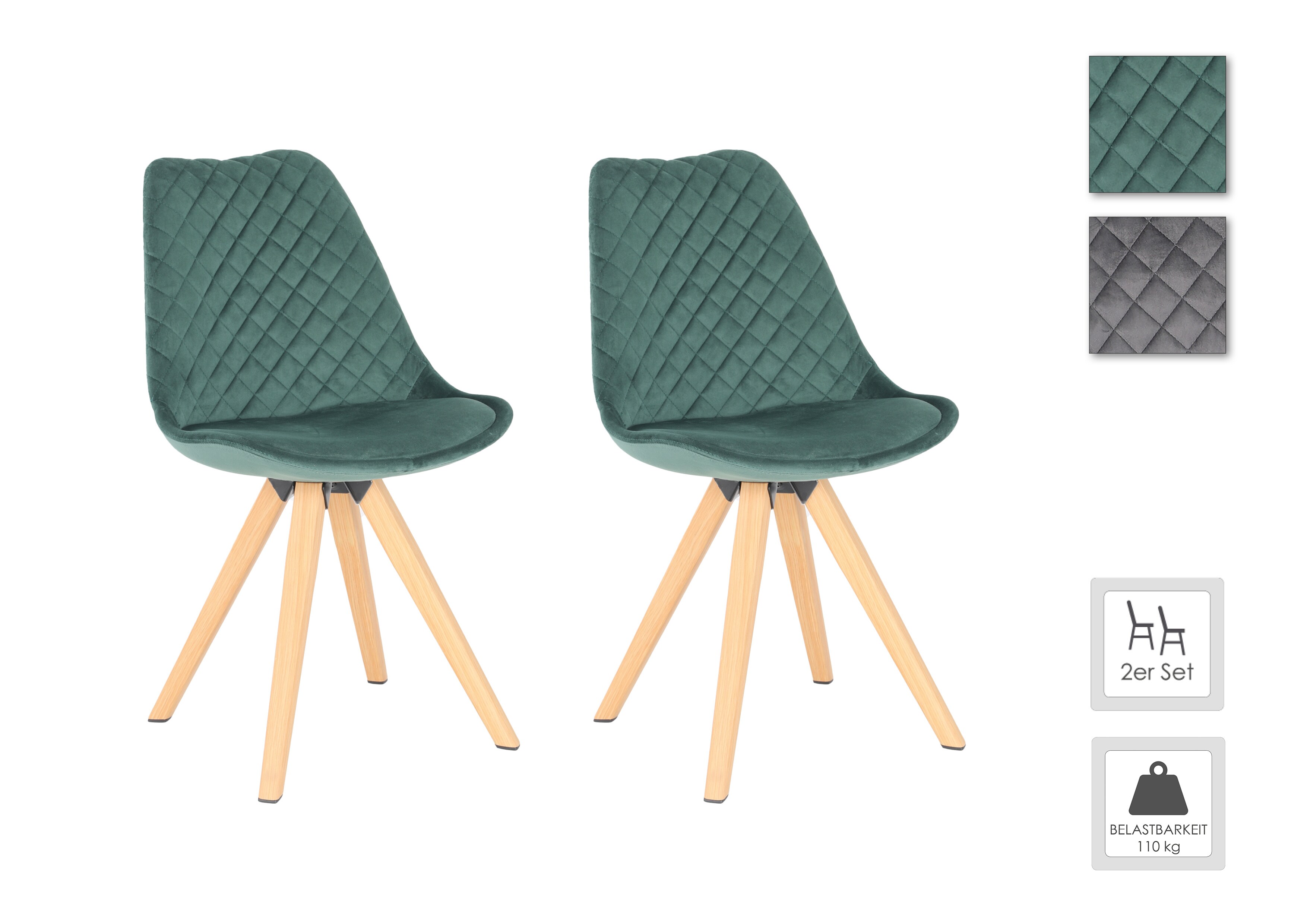 byLIVING Esszimmerstuhl ARIK, 2er Set, Samtbezug dunkelgrün, Gestell Eiche-Optik