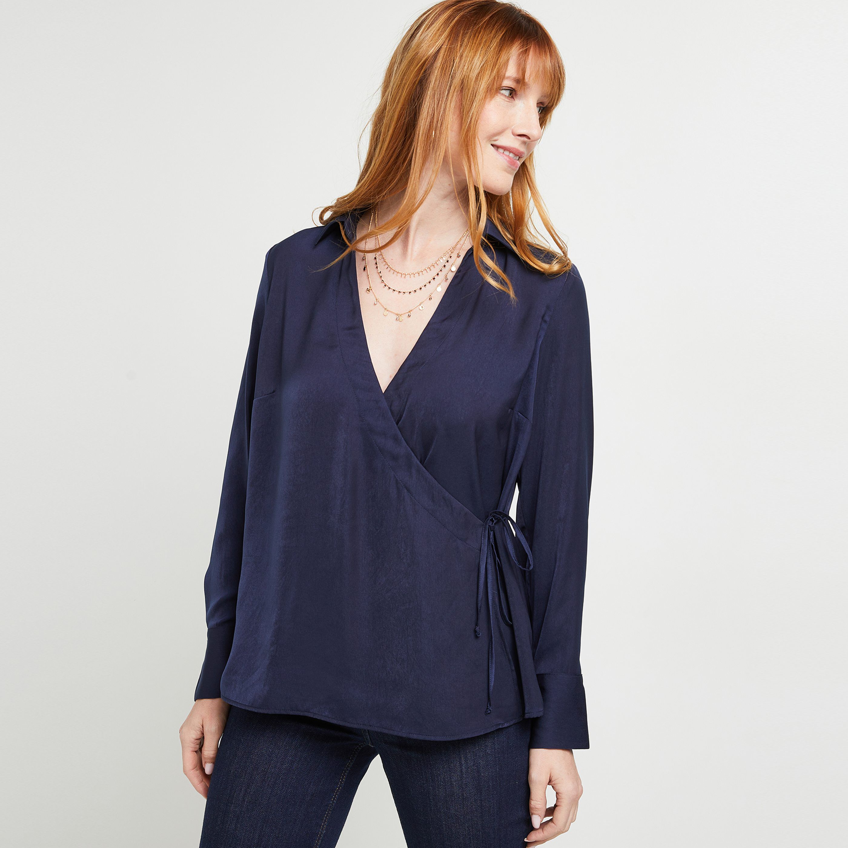 Blouse cache coeur satin femme - MARINE