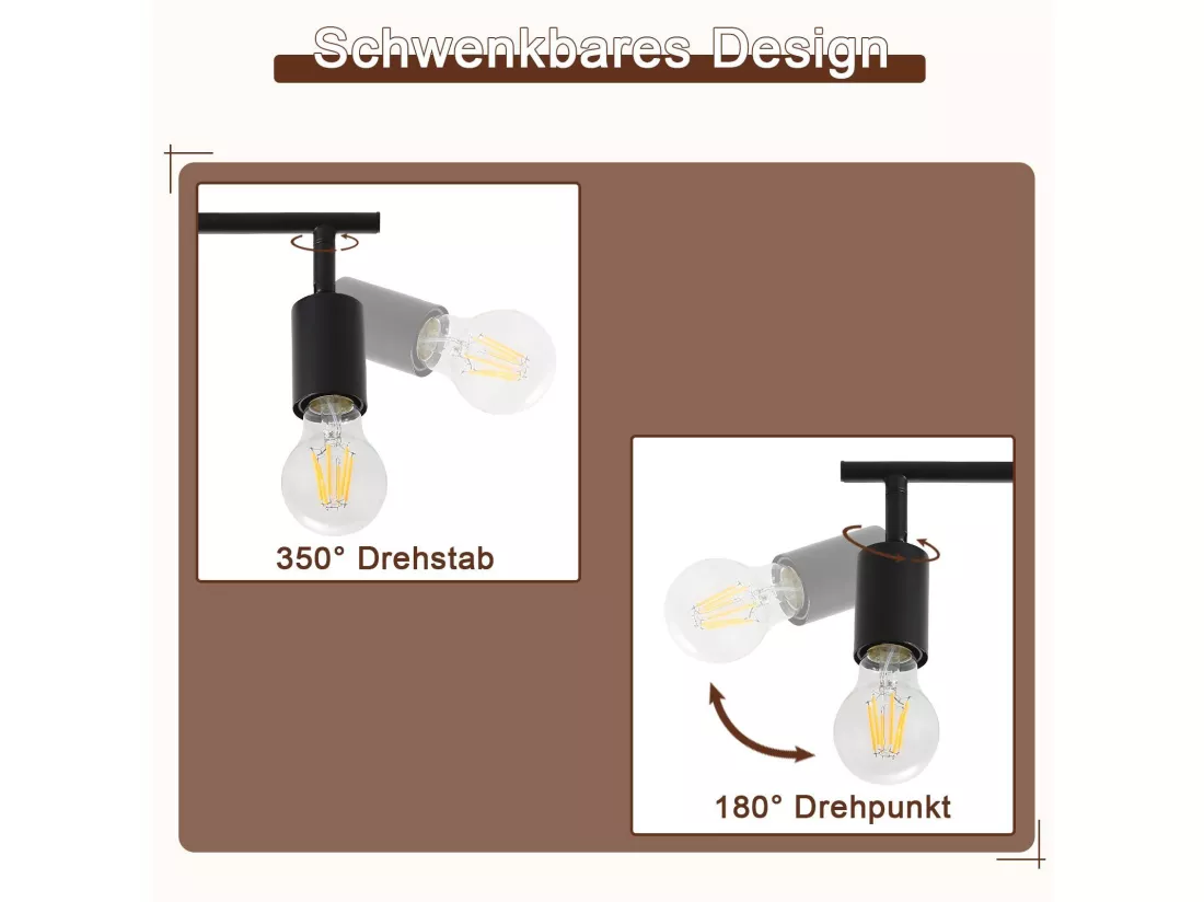 NETTLIFE Plafonnier plafonnier noir 2 ampoules Spot de plafond E27 vintage orientable 350°industriels