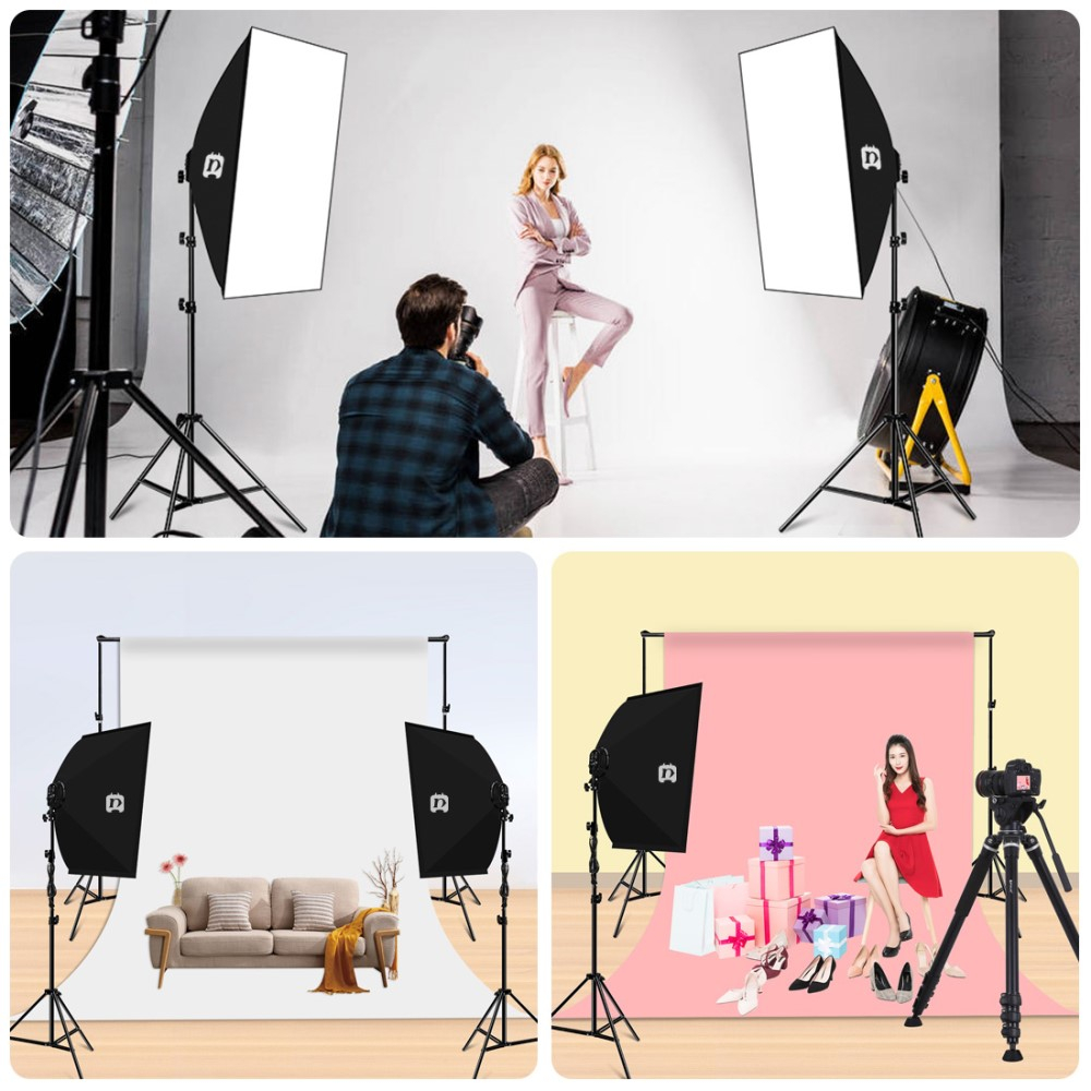 (50x70cm) Fotostudio Softbox Fotobeleuchtung Tripod Stativ mit Diffusor   4x E27 LED Lampen (5700K) - Schwarz