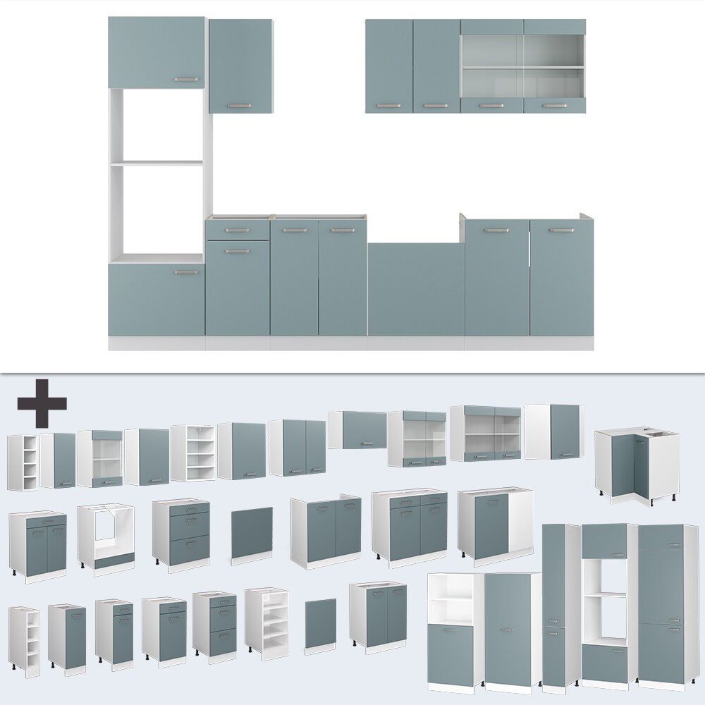 Vicco Küchenzeile R-Line Solid Weiß Blau Grau 300 cm Arbeitsplatte modern Küchenschränke Küchenmöbel
