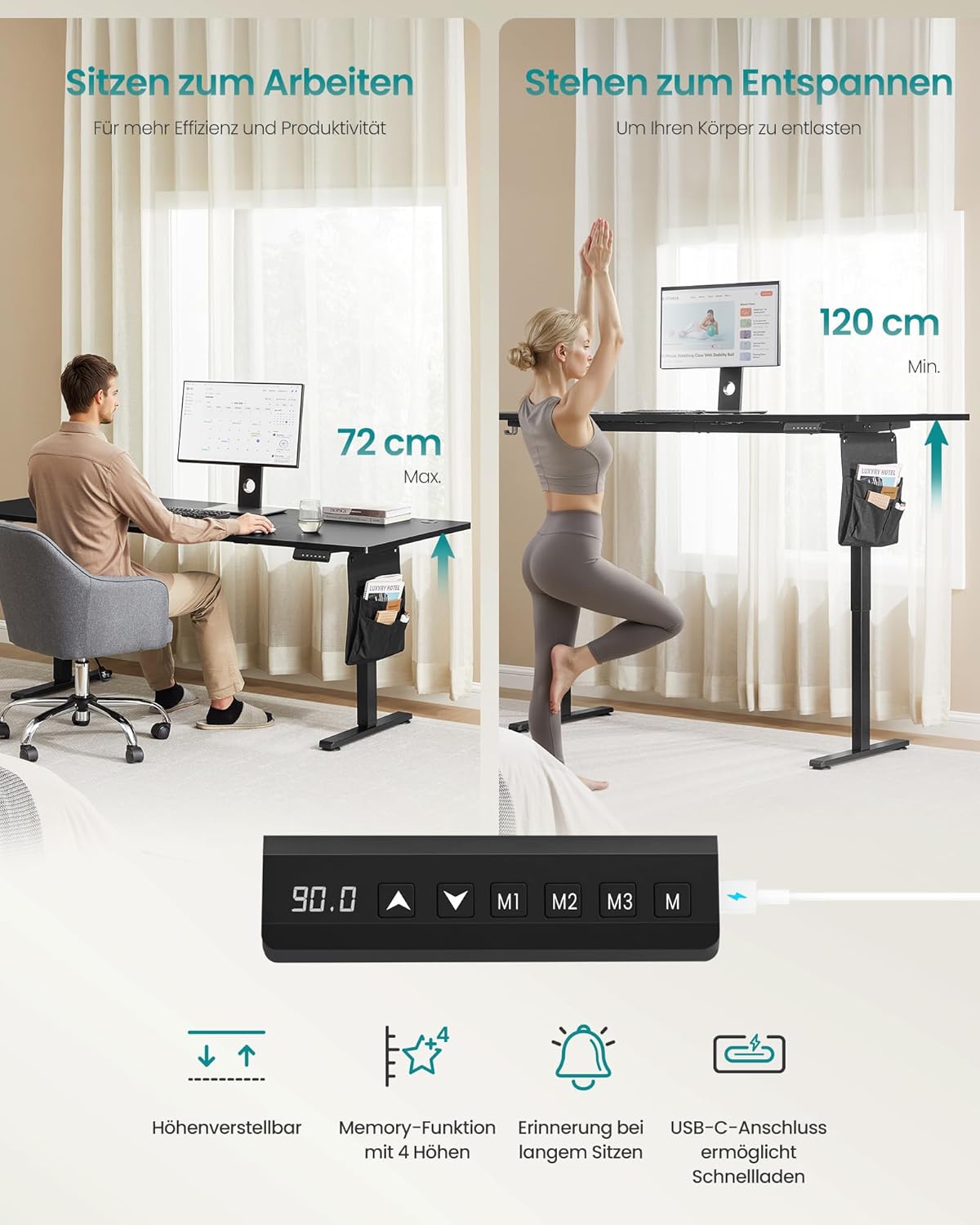 SONGMICS Höhenverstellbarer Schreibtisch elektrisch, 180 x 80 cm, Memory-Funktion mit 4 Höhen, USB-C-Anschluss, tintenschwarz LSD138BZ01