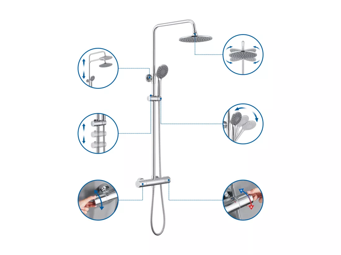 Colonne de douche avec mitigeur thermostatique,douche pluie 225 mm,douchette (3 jets),support,flexible douche,barre/douche de tête1 jet,Chromé
