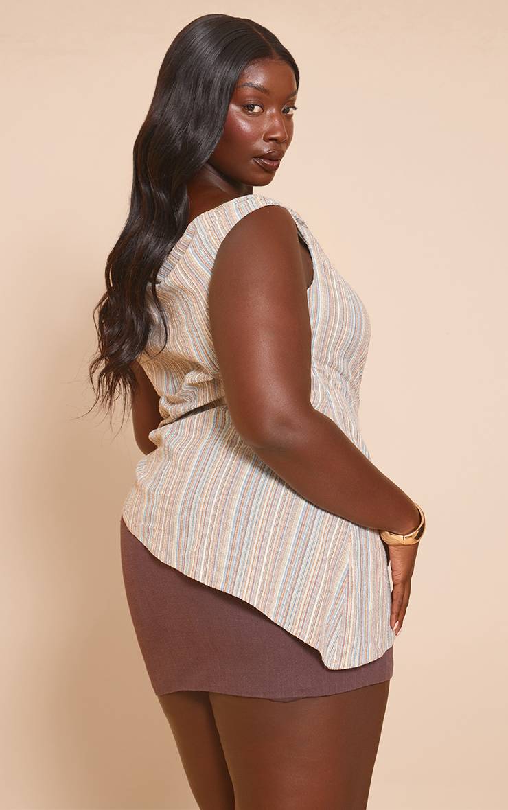 Multicolore Haut Long Asymétrique À Une Épaule Avec Rayures Texturées Grande Taille Coordonné