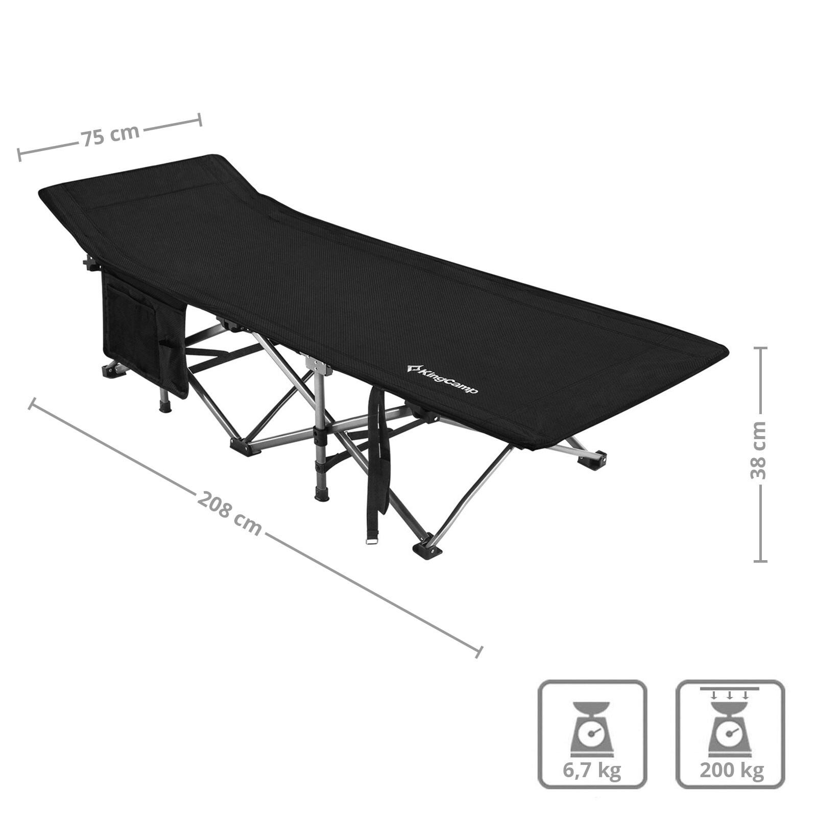 KINGCAMP Feldbett XL Outdoor Camping Liege Gäste Klappbett Stahl 208x75cm 200kg