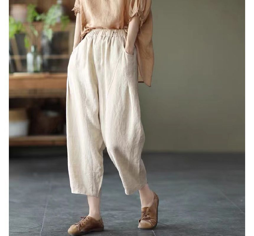 Lewwe - Effen cropped harembroek met elastische taille