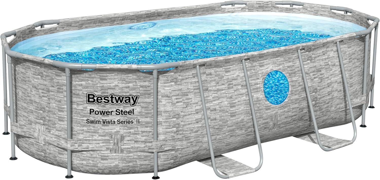 Bestway® Ersatzpool (ohne Zubehör) Power Steel Swim Vista Series Frame Pool/Aufstellbecken, 427 x 250 x 100 cm, oval, braune Rattan-Optik