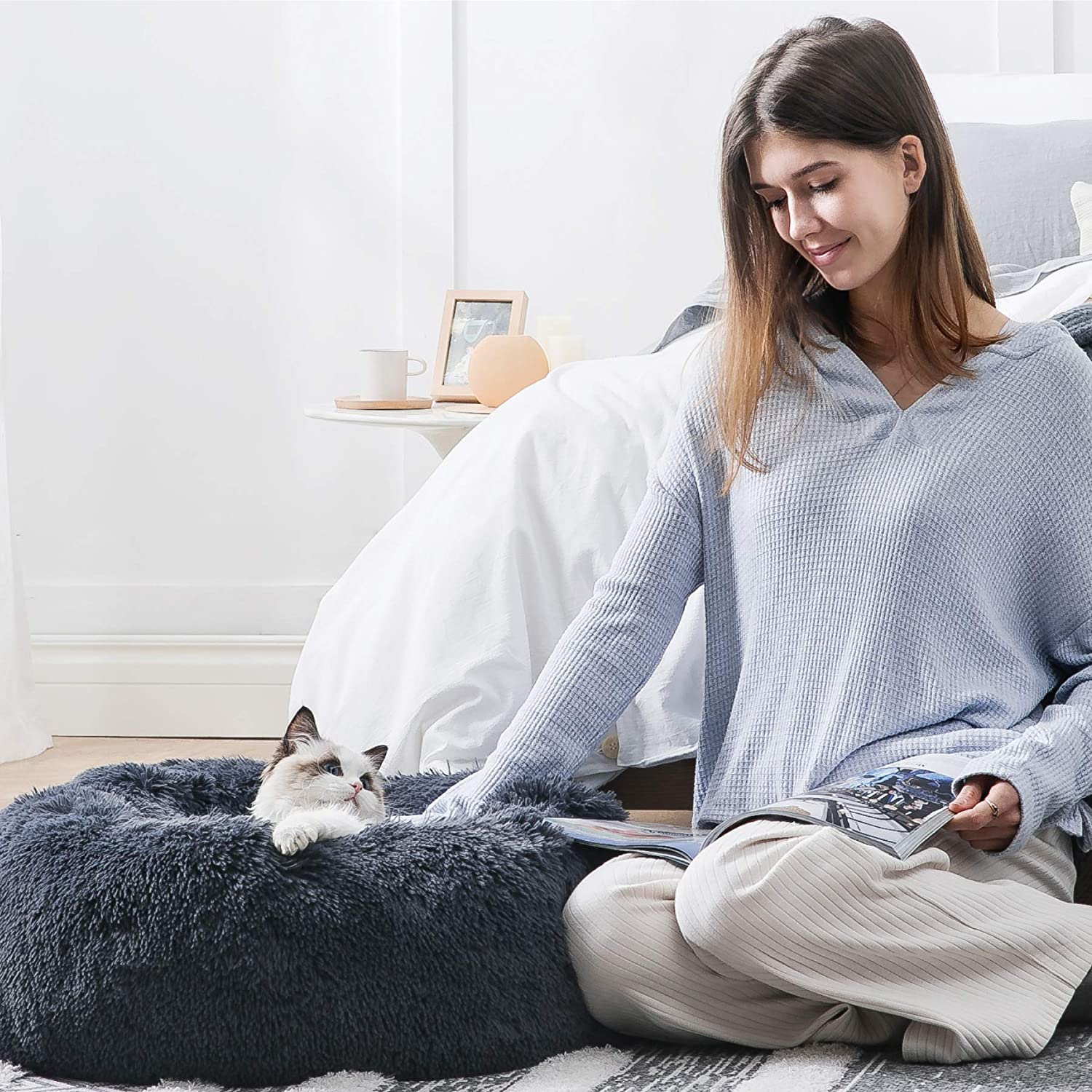 (Ø50cm) Flauschiges Katzen Donut Kissen Fluffy Kuschel Hunde Bett - Grau