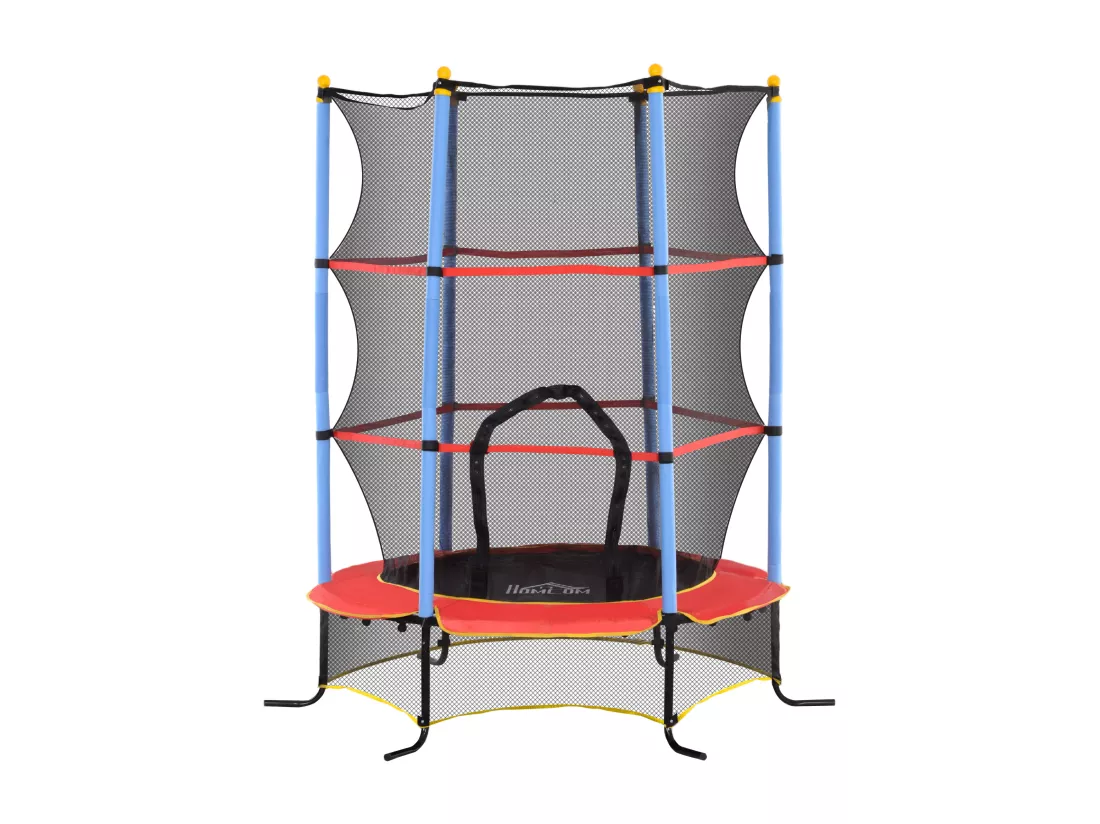Trampoline de jardin enfant Ø 1,75 x 1,90H m filet de sécurité porte zipée couvre-ressorts + 6 poteaux rembourrés inclus rouge bleu noir