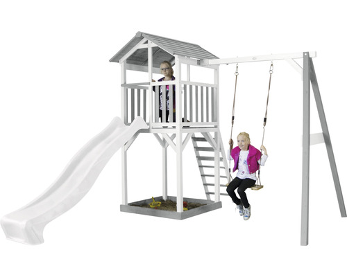 Axi Beach Tower speeltoren met enkele schommel en glijbaan, wit hout, grijs, wit