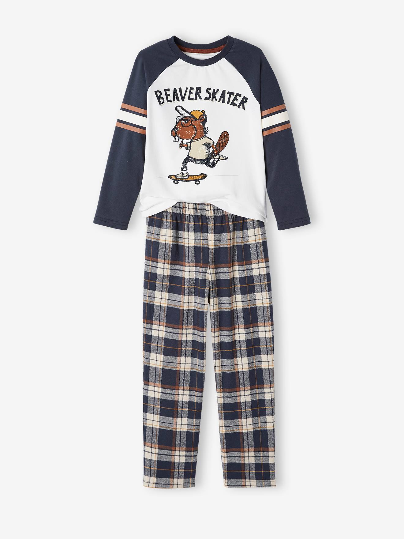 Pijama Castor com barra de flanela, pijama infantil azul-escuro liso com estampas.