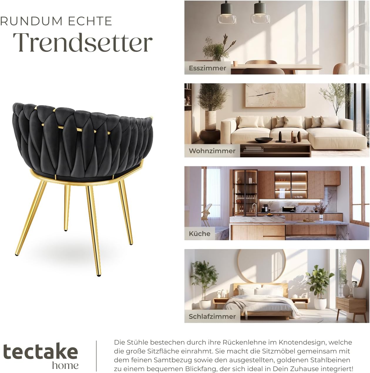 tectake® Samt Stuhl, Schalenstuhl mit Armlehne in Knoten Optik, Esszimmerstühle, Sessel modern für Wohnzimmer, Esszimmer, als Küchenstühle, für Schminktisch, Dining Chair Set - Schwarz/Gold, 4er Set
