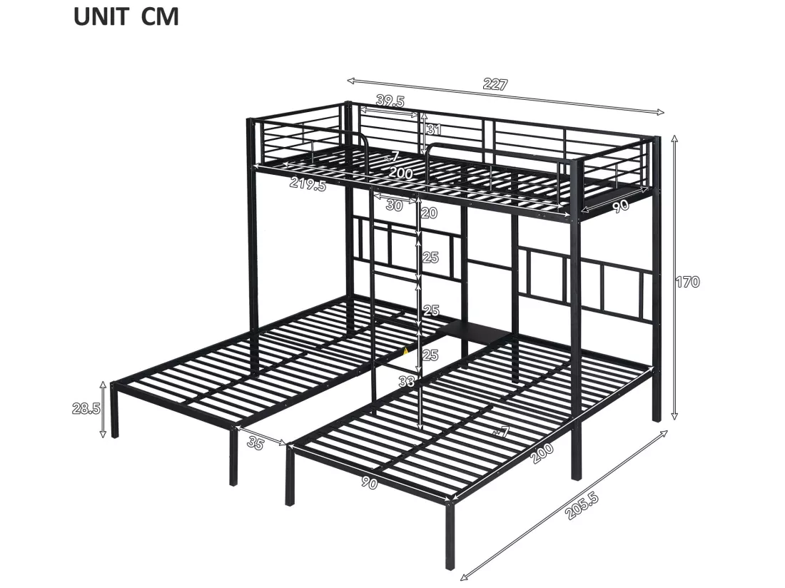 Lit superposé triple 3x90x200cm avec échelle et un plateau - cadre en métal - Noir