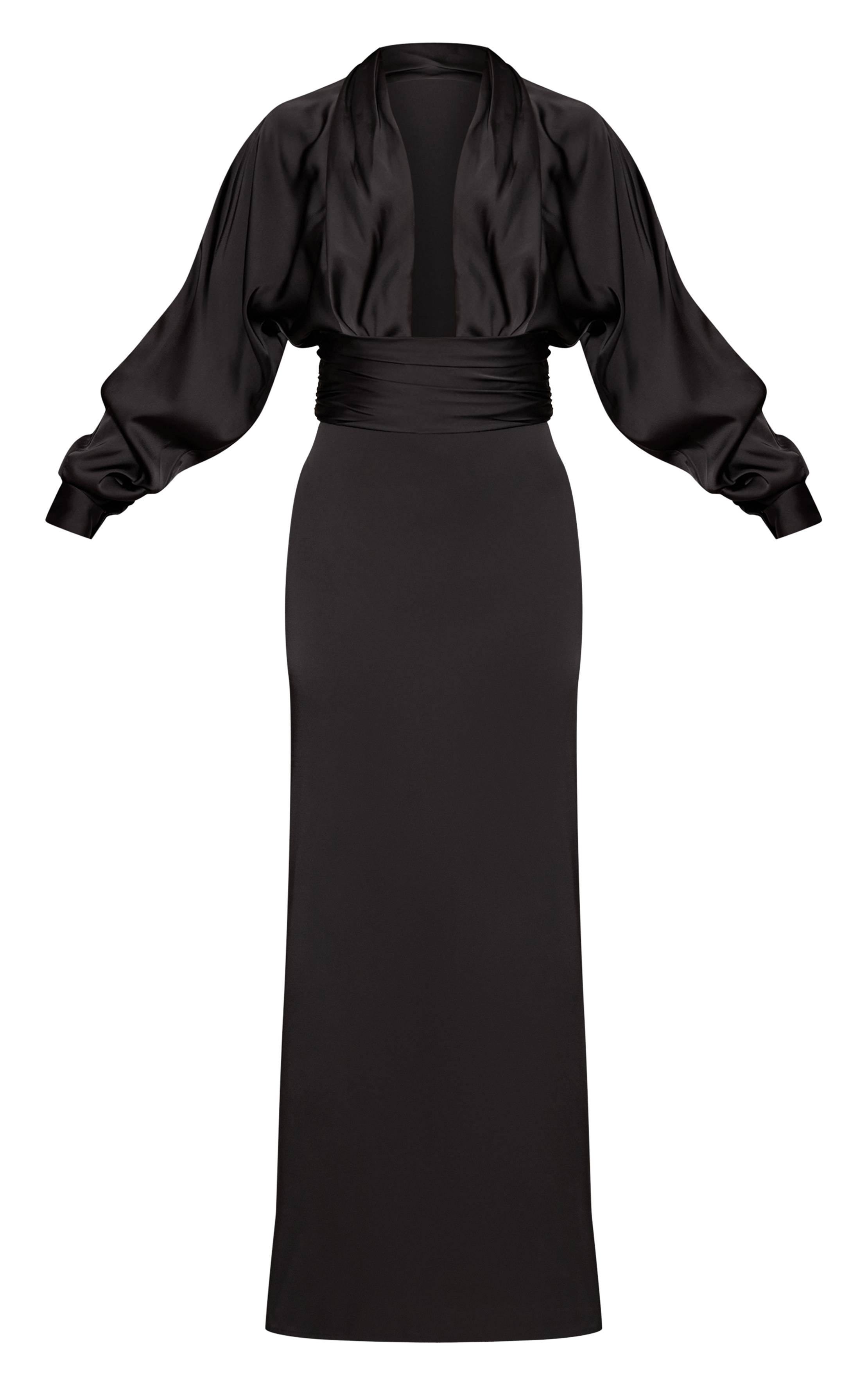 Noir Robe Longue Satinée À Manches Longues Et Décolleté Plongeant Plt Label