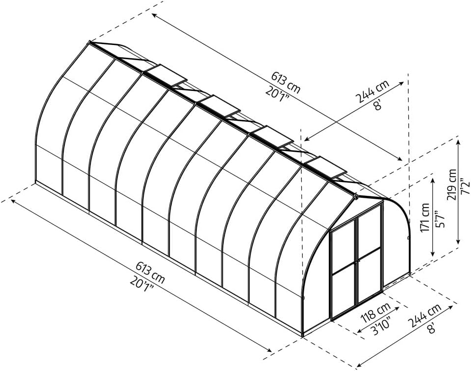 Palram-Canopia Aluminium Gewächshaus Bella 820 | 601x244 cm | Zwiebelform | 6 mm Polycarbonat-Doppelstegpaneele | Inkl. Zubehörset | UV-beständig & wetterfest | Mit Doppelflügeltür & 4 Dachfenstern
