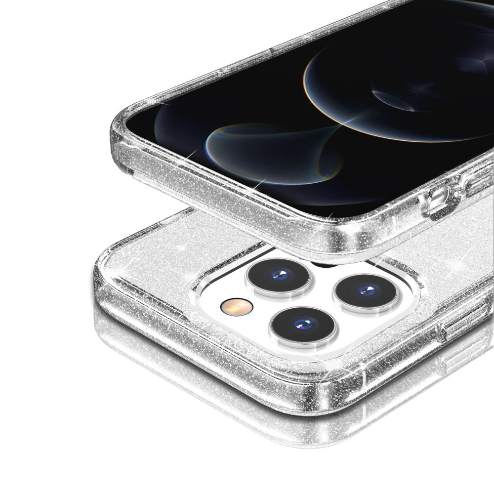 iPhone 13 Pro Hybrid Hardcase Schutzhülle im Glitzer Design - Silber / Transparent