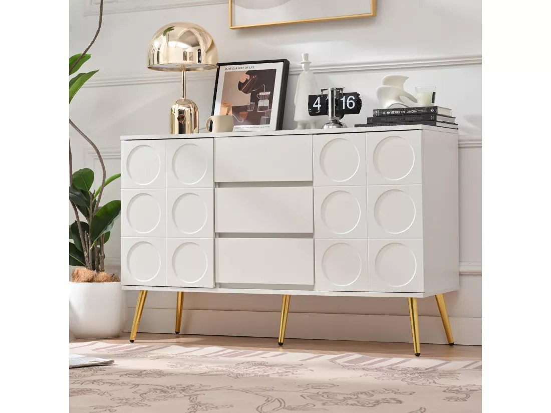 Buffet bas avec 3 tiroirs et 2 portes - 120 x 40 x 78 cm - Etagères réglables - Panneaux de particules - pour salon - Blanc
