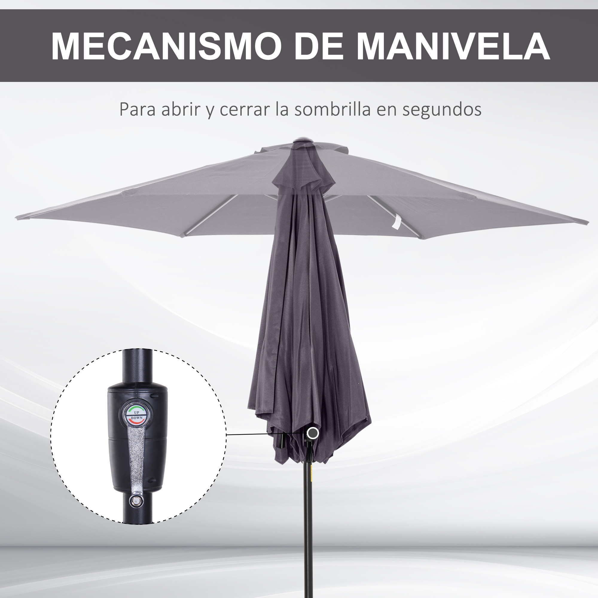 Guarda-sol de jardim Outsunny Ø260x235 cm em alumínio com cabo reclinável, manivela e 6 varetas para terraço e varanda, cinza.