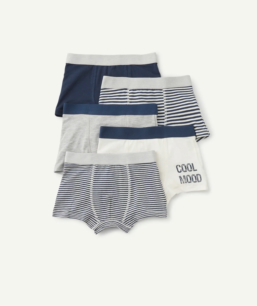 LOT DE 5 BOXERS GARÇON EN COTON BIO BLEU ET BLANC À RAYURES