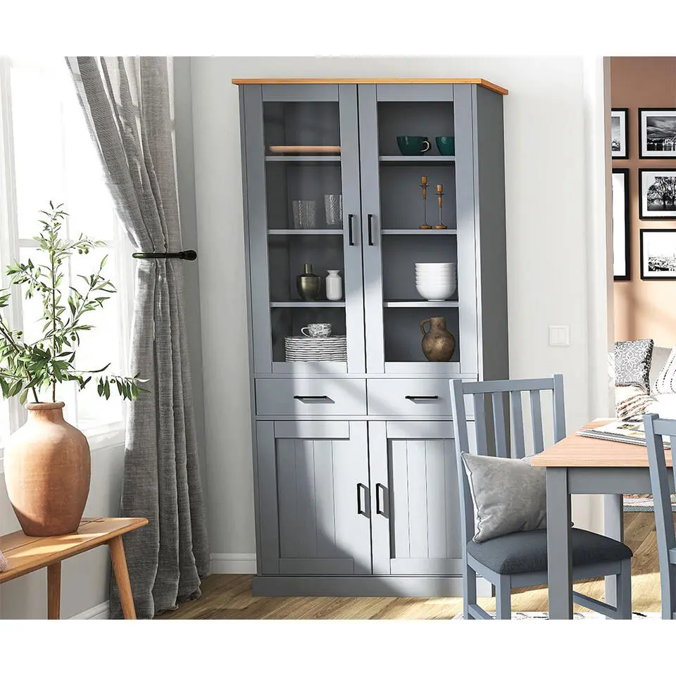Hioshop Forenzo vitrinekast 4 deuren- 2 lades grijs- natuur