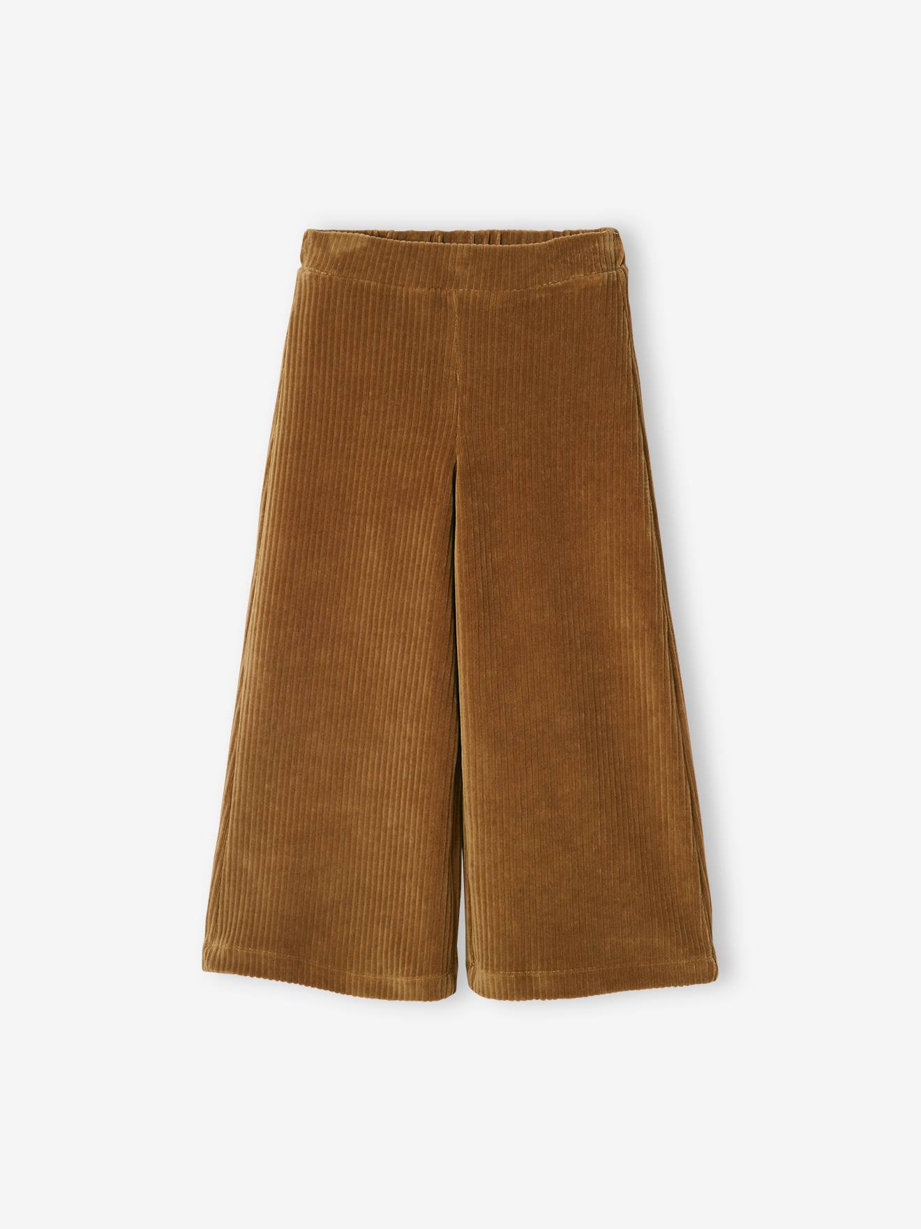 Calças de veludo cotelê de pernas largas, cor marrom médio lisa, para meninas.