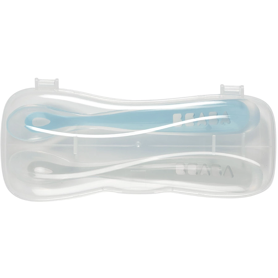 BEABA® Set aus 2 Babylöffeln aus Silikon mit Aufbewahrungsbox 1. Altersstufe blaugrau