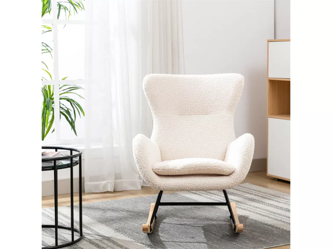 Fauteuil à bascule rembourré en tissu Teddy avec dossier haut et accoudoirs, 67 x 82 x 93 cm, beige