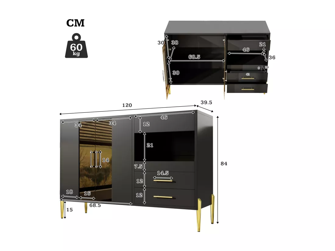 Buffet de cuisine avec 2 portes en verre et 3 tiroirs - 120 x 39.5 x 84 cm - MDF et pièds en métal doré - Noir
