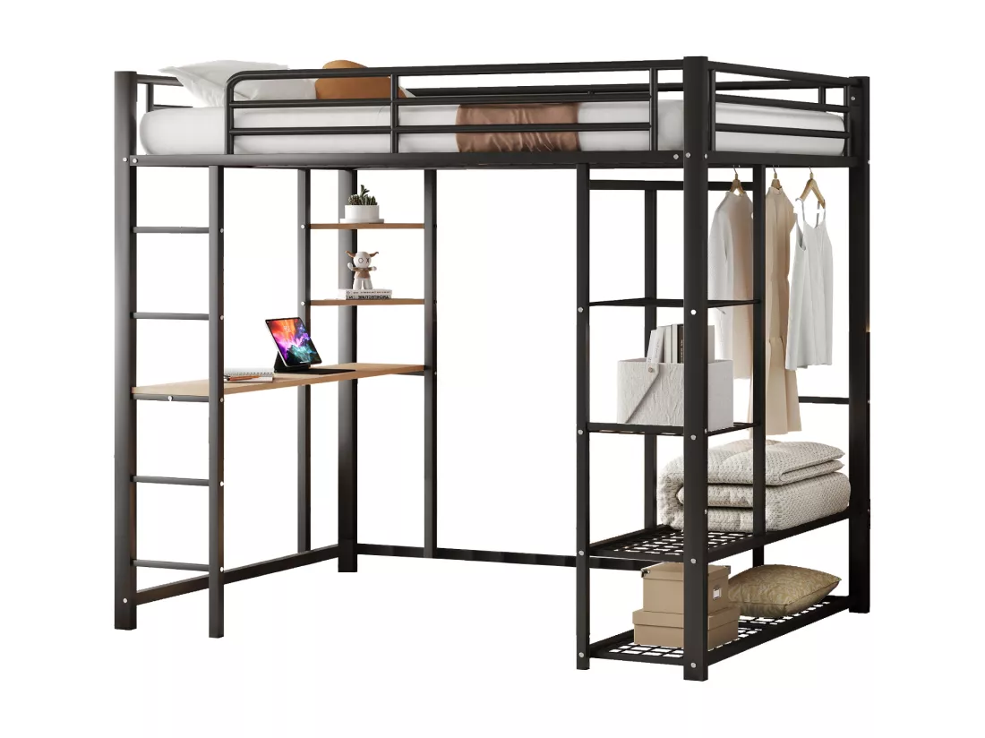 Lit mezzanine 140 x 200 cm avec bureau et étagères de rangement - métal - sommier à lattes - noir (sans matelas)