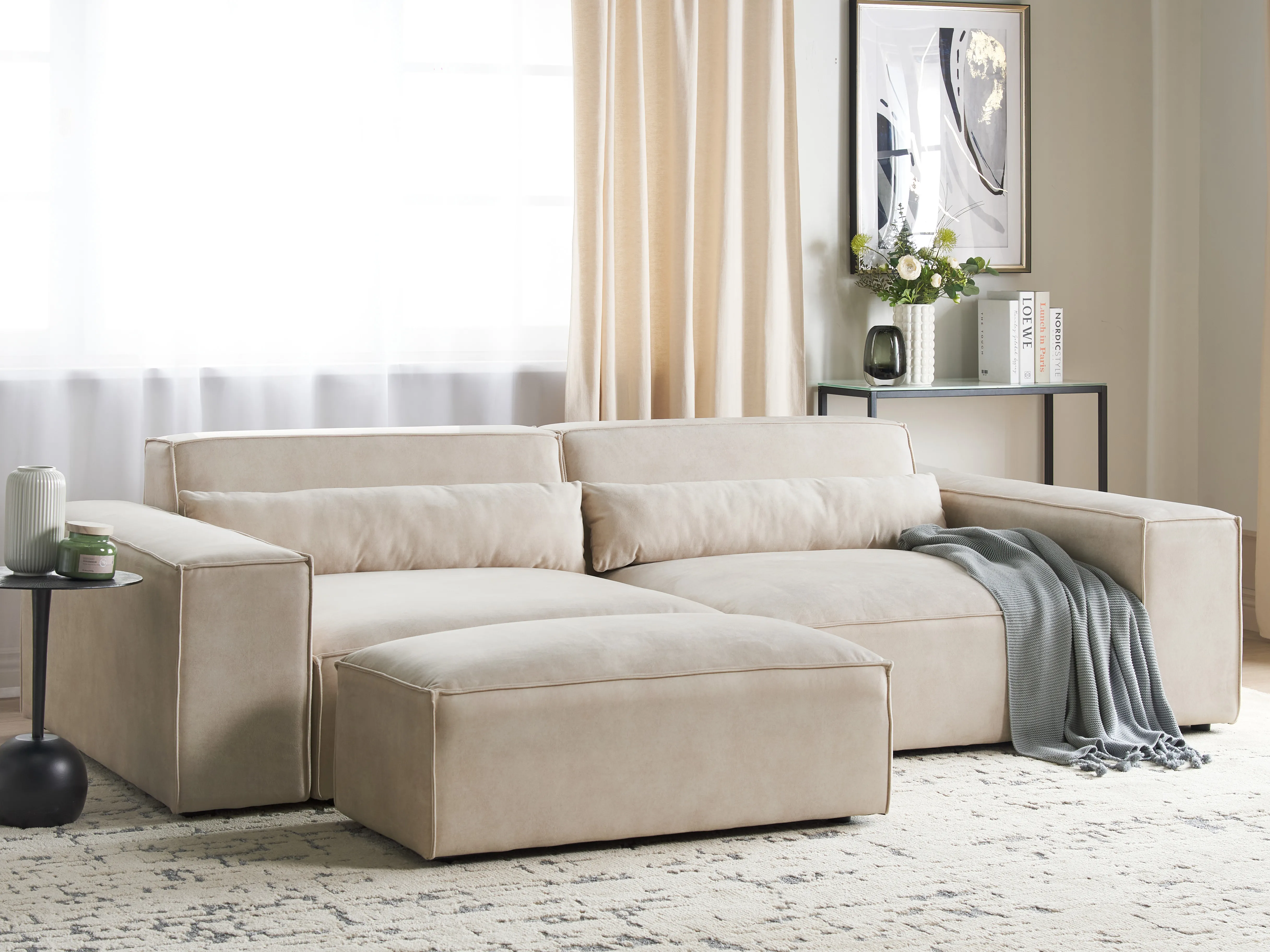 Modulaire bank 2-zits HELLNAR Fluweel Lichtbeige met ottomaan