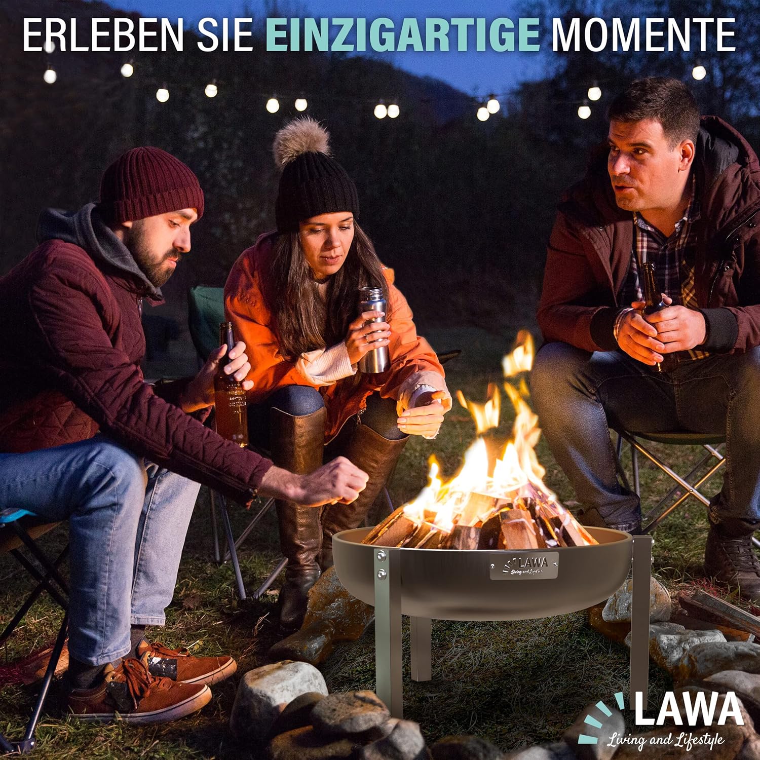 Edelstahl Feuerschale 60cm V2A / 304 18/8 Stahl 3 Höhen Set Abdeckhaube Feuerrost Feuerhaken Klöpperboden Feuerstelle Outdoor Grill Terrassenfeuer Rund Dreibein Garten Grillschale Feuerkorb Terrasse