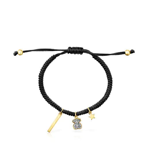 Pulseira Nocturne com banho de ouro 18k sobre prata, diamantes e cordão preto.