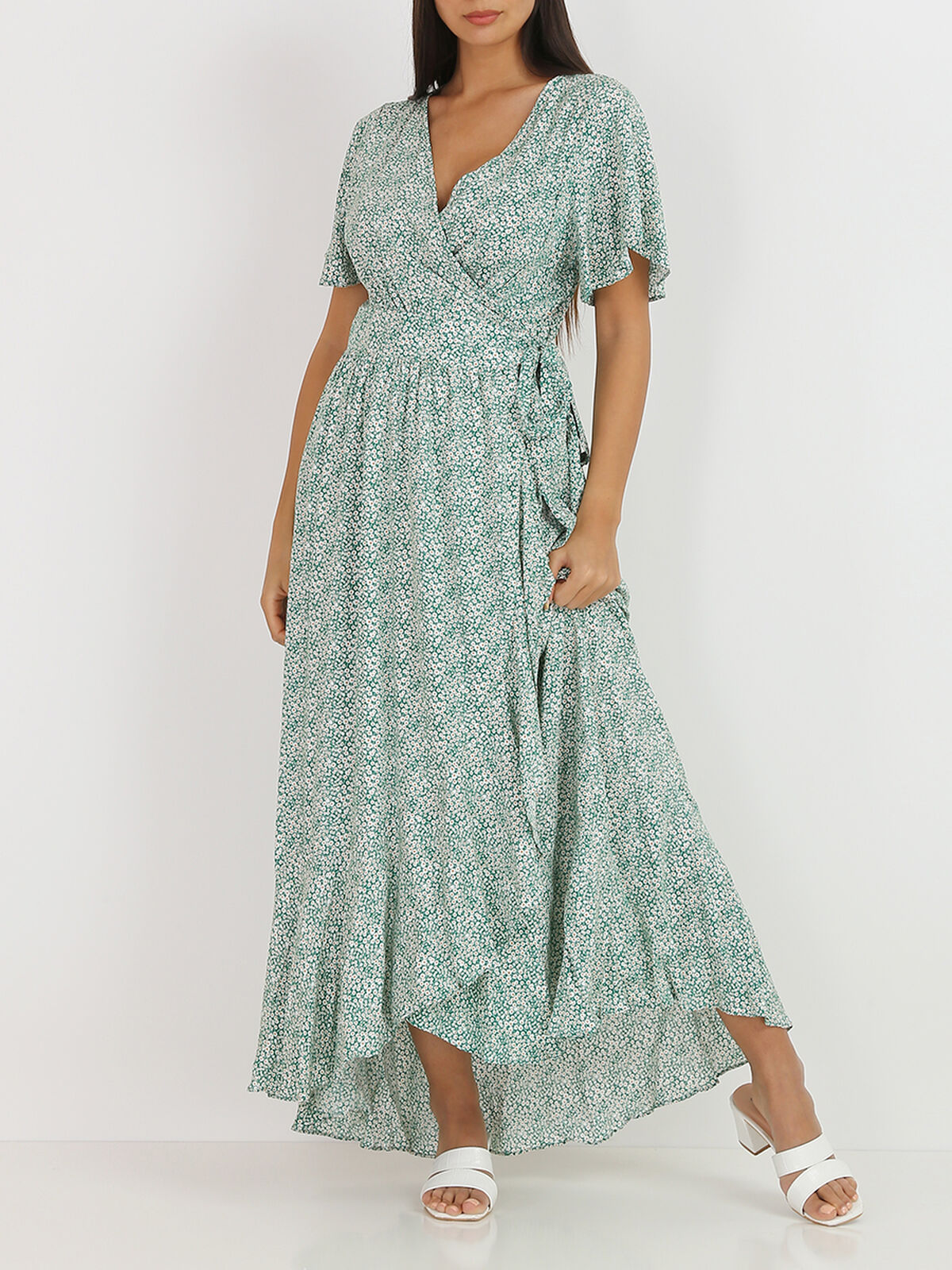 Robe longue portefeuille à fleurs- Vert