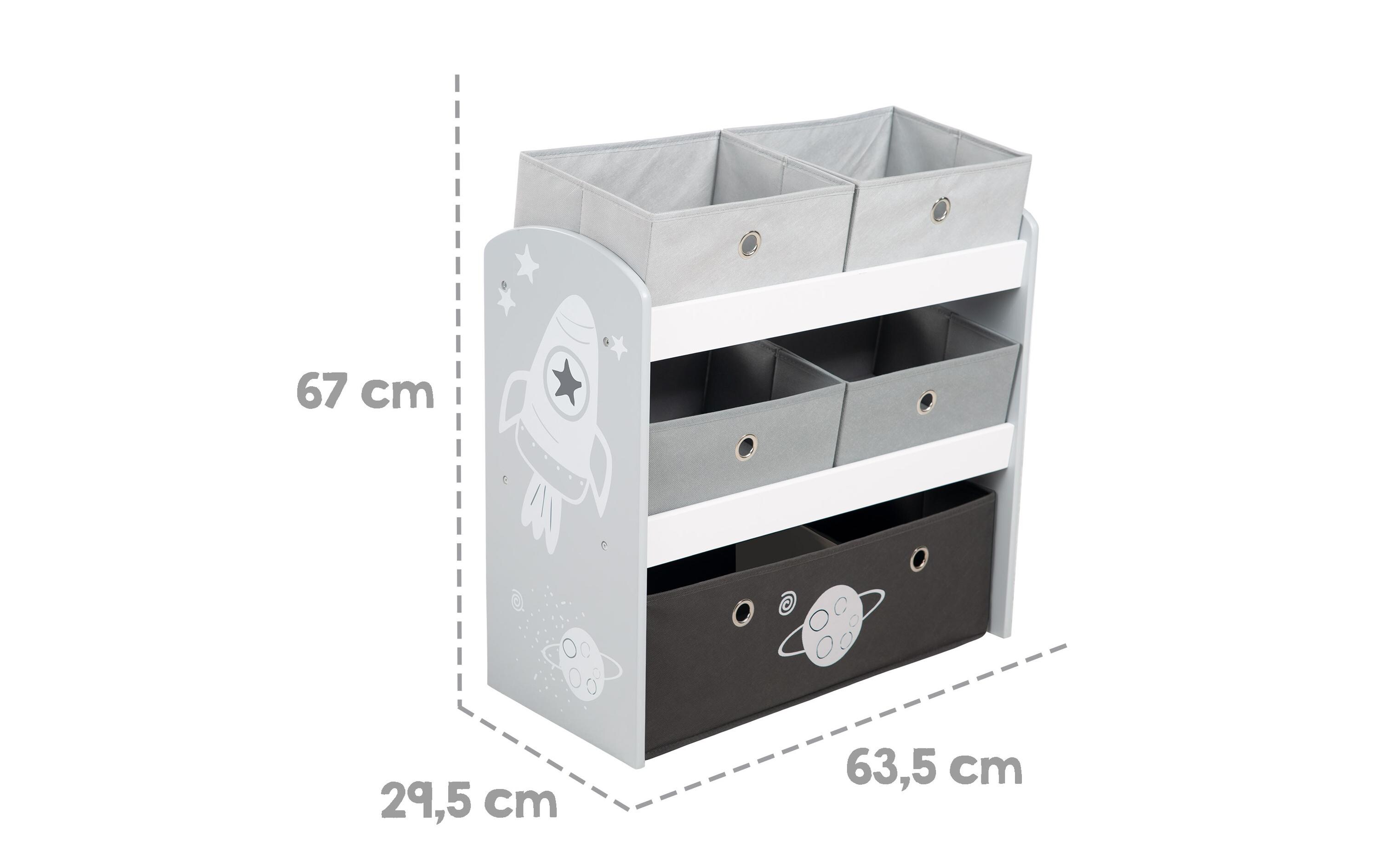 Regal Rakete mit Aufbewahrungsboxen GrauSpielzeugregal mit 5 Stoffboxen
