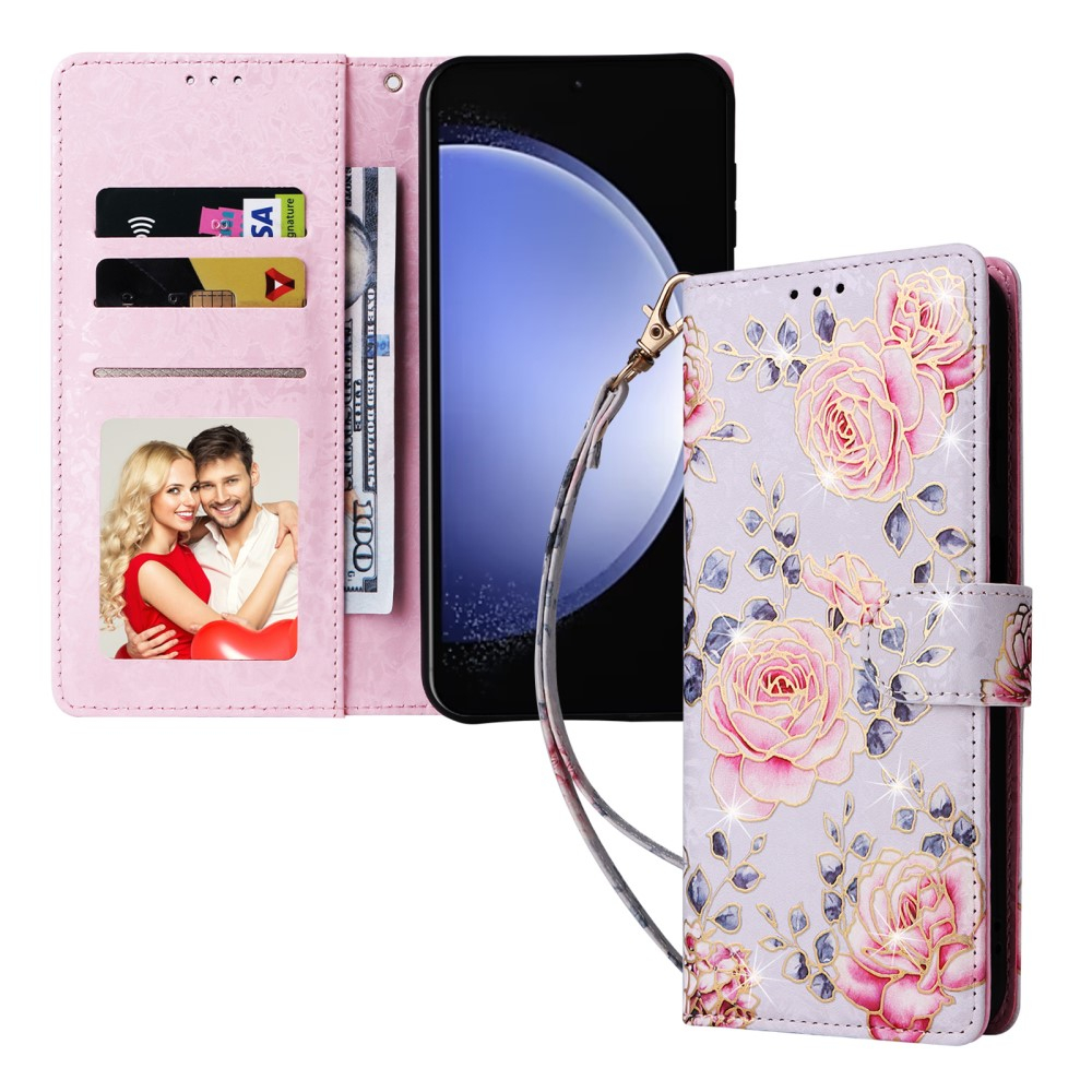 Samsung Galaxy S23 FE Leder Tasche mit Kartenfächer - Glitzer Pfingstrosen