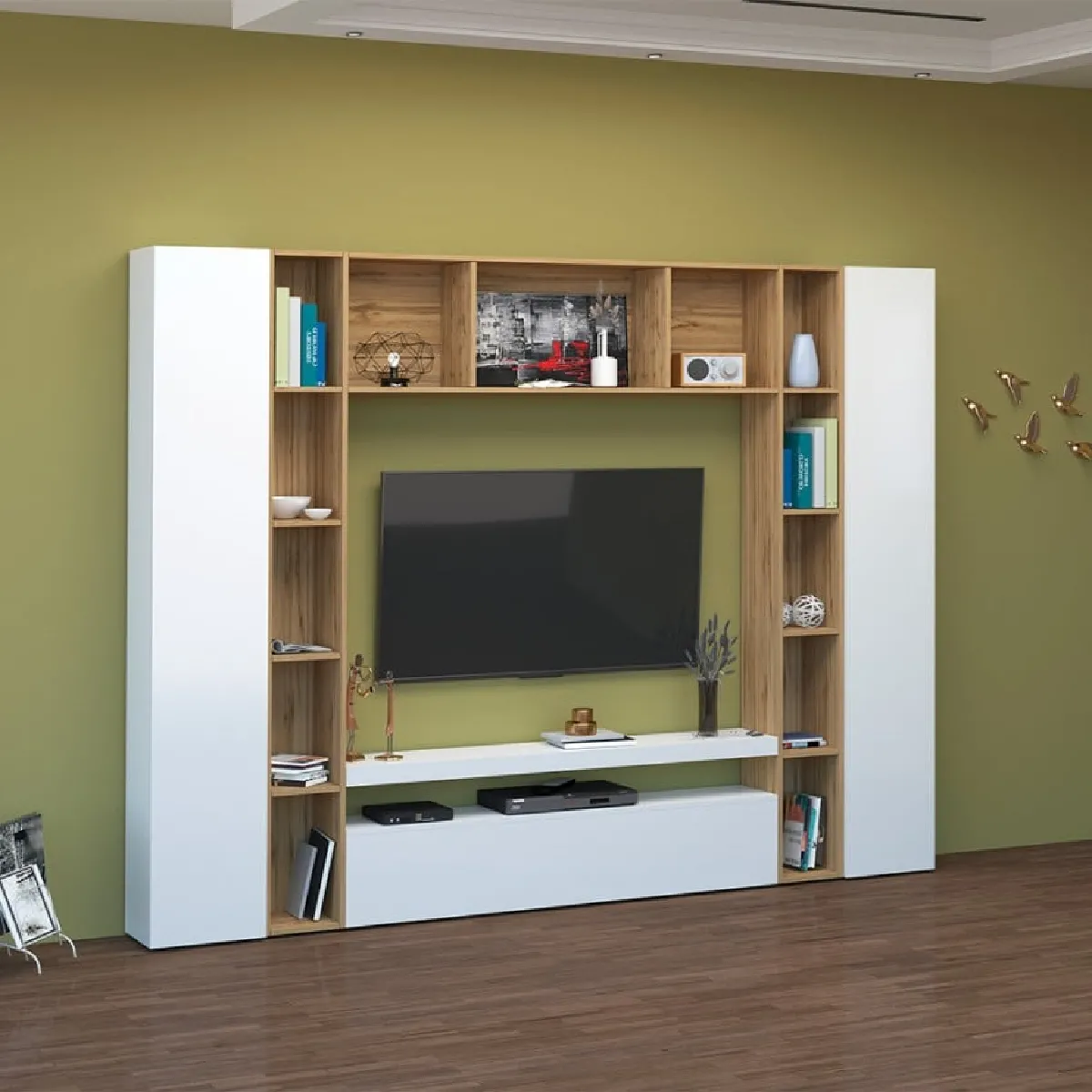 Ahd Amazing Home Design AHD Arkel WH Meuble TV moderne avec bibliothèque - Blanc