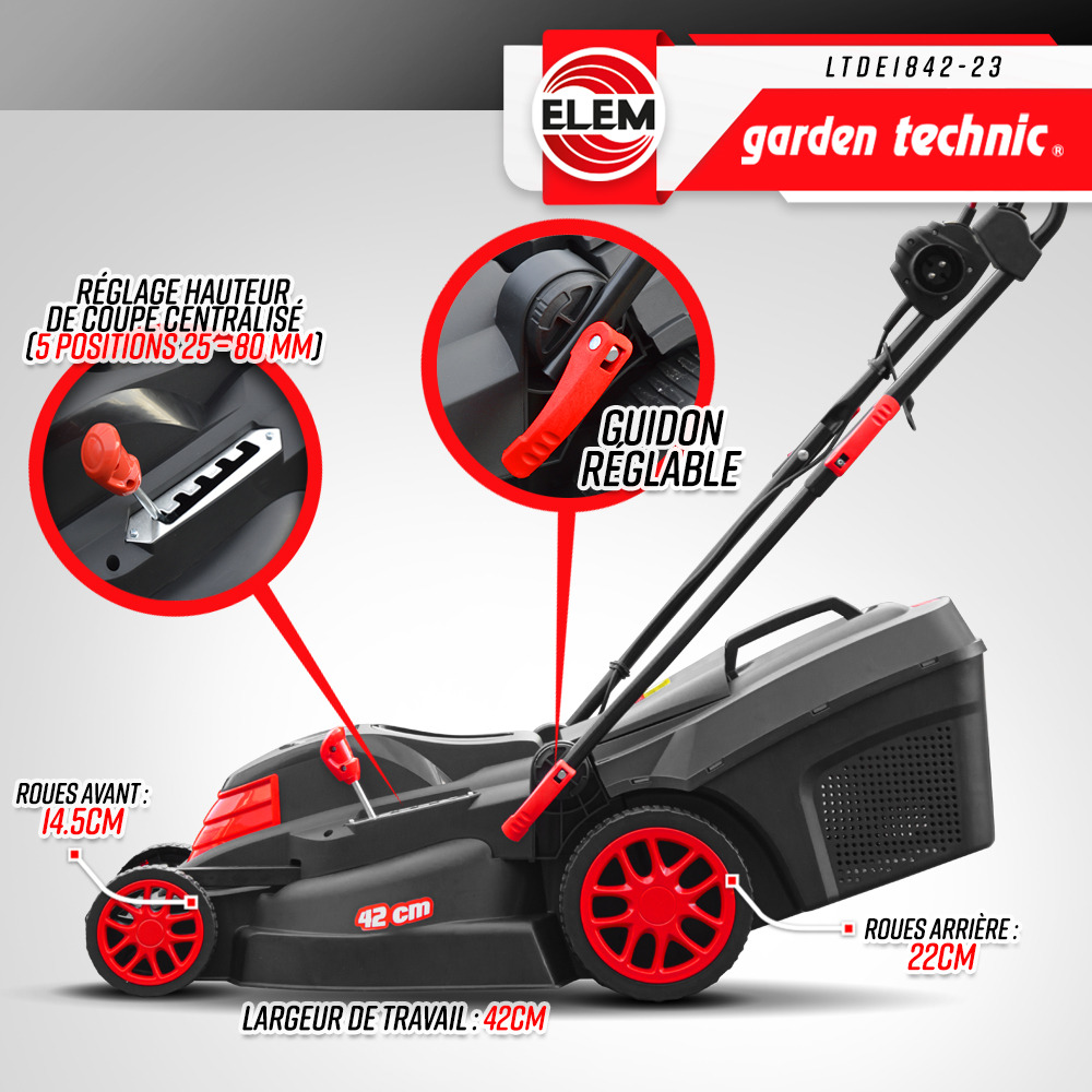 Tondeuse à gazon électrique 1800w - 42cm - elem garden