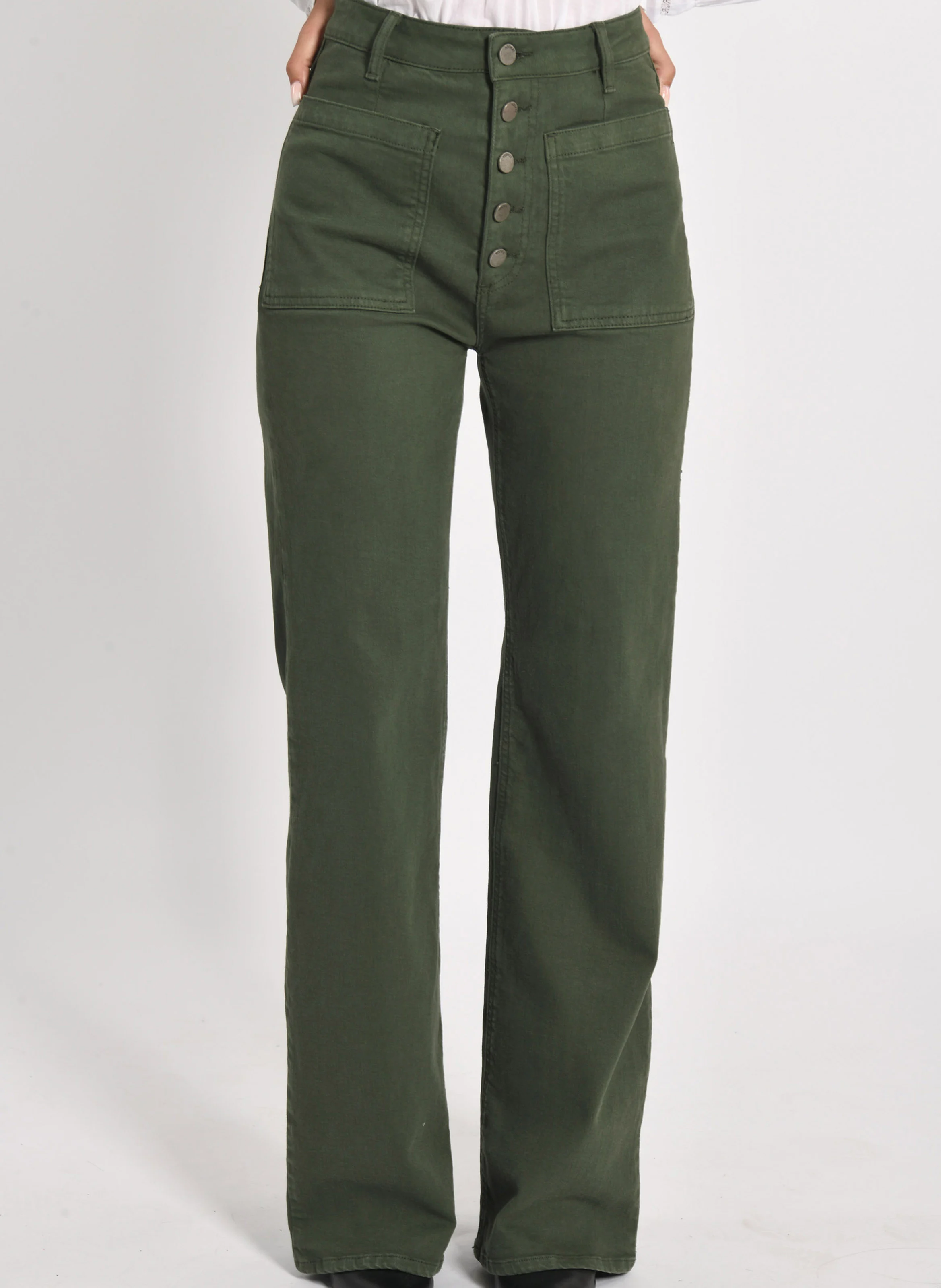 THADEE - Pantalon flare à fermeture boutonnée en coton mélangé | Kaki