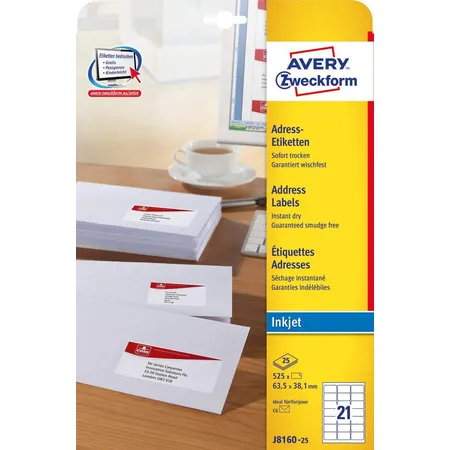 Avery Zweckform J8160-25 Adress-Etiketten,A4 63,5 x 38,1 mm, 25 Bogen/525 Etiketten, weiß