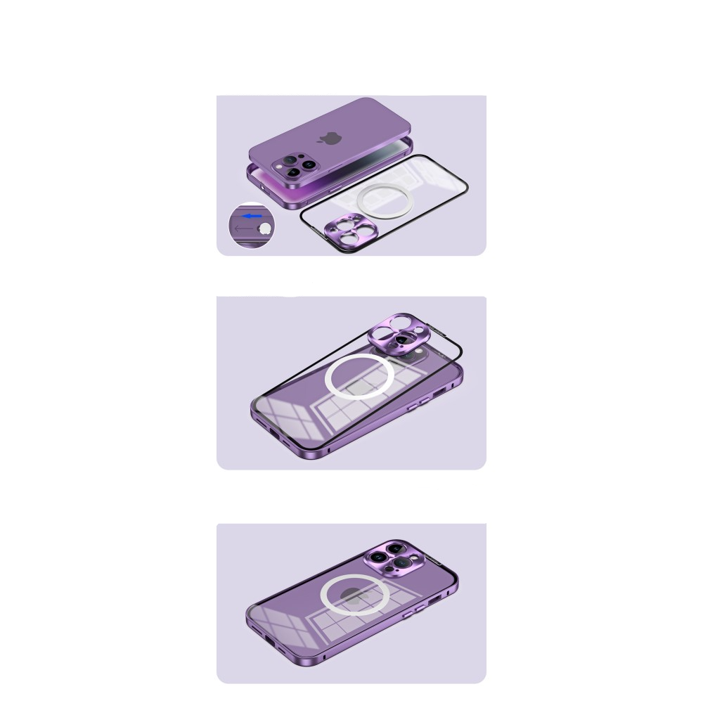 iPhone 14 Pro MagSafe Alu Schutzhülle mit Panzer Glas Backcover   Kameraschutz - Dunkellila (Deep Purple)