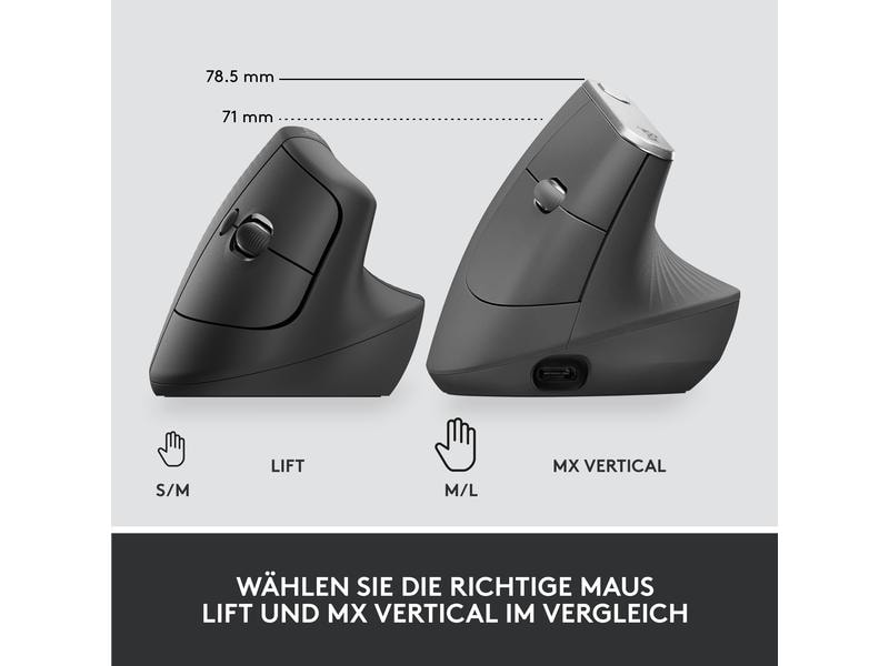 Logitech Ergonomische Maus Lift for Business Graphite Komfortable ergonomische Maus mit vertikalem Design für kleine bis mittelgrosse Hände