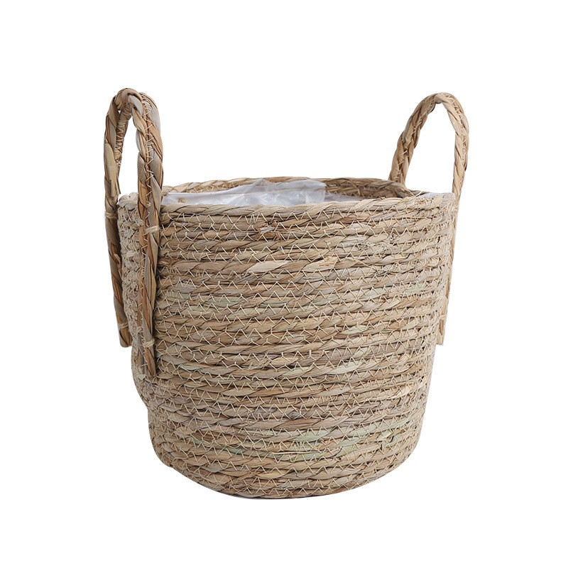 (Ø24cm) Rattan Boho Blumentopf Korb Hygge Lifestyle Pflanzen Übertopf mit Folie - Braun