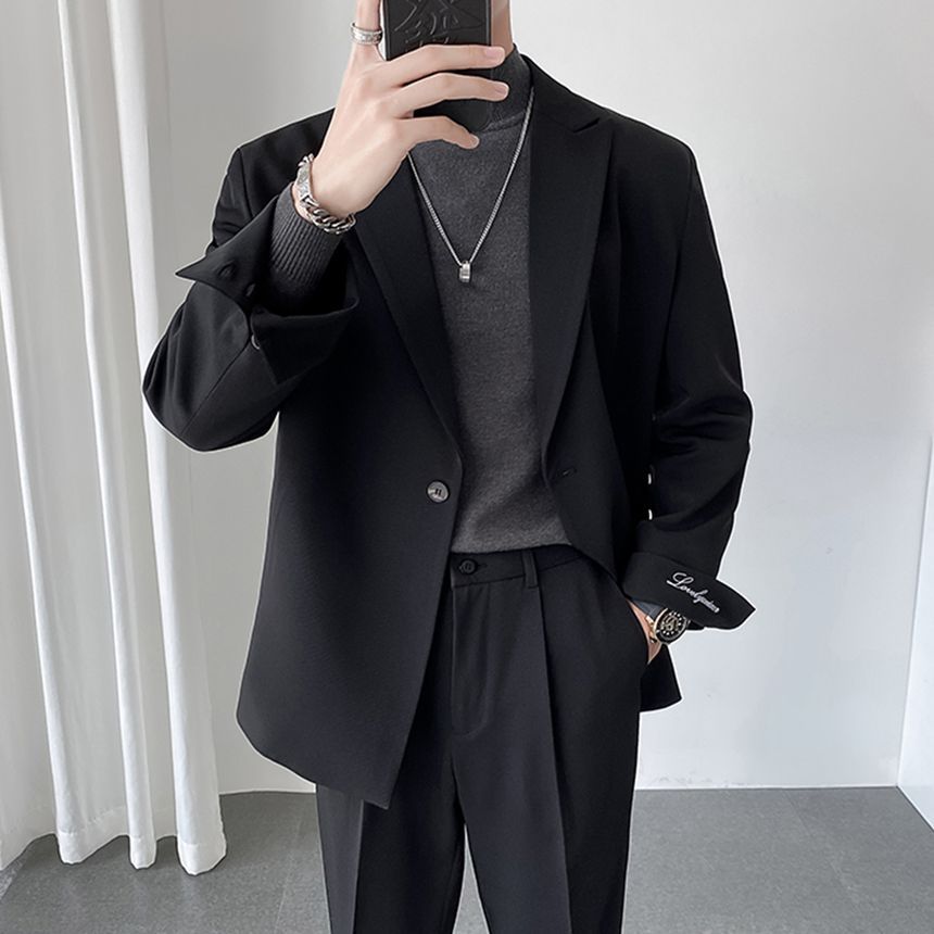 DragonRoad - Set: effen enkelrijs blazer met piekrevers + rechte, cropped pantalon met middelhoge taille