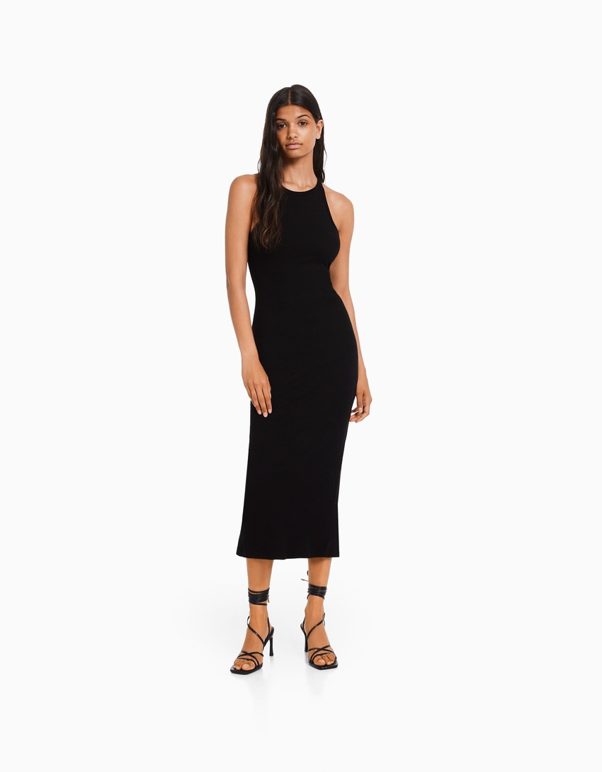 Vestido midi canelado sem mangas