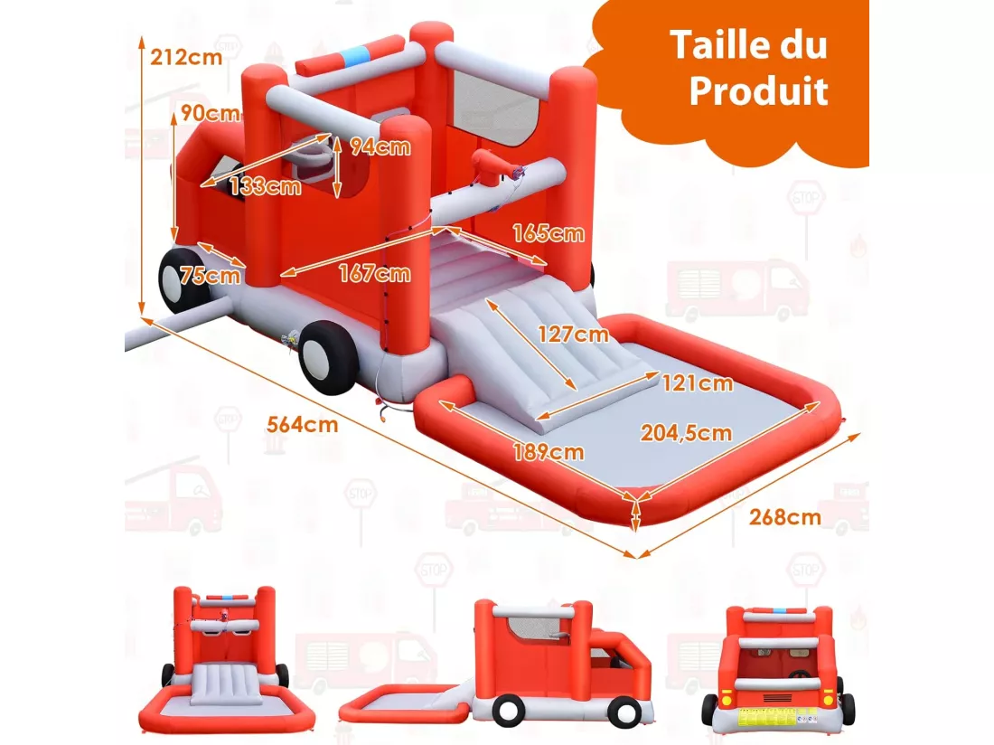 Toboggan Aquatique Gonflable pour Enfants sur Le Thème Voiture de Pompiers avec Piscine à Eclaboussures, Zone de Rebond,Ballon de Basket sans Gonfleur