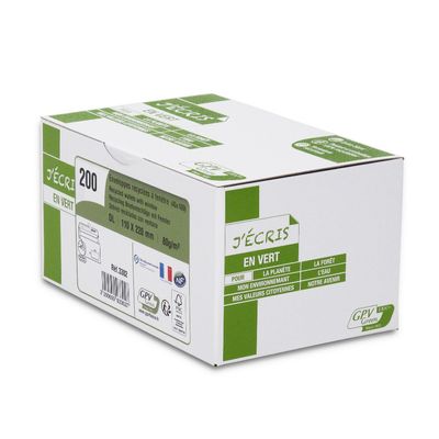 GPV Green - 200 Enveloppes recyclées DL 110 x 220 mm - 80 gr - fenêtre 45x100 mm - blanc - bande adhésive ouverture rapide