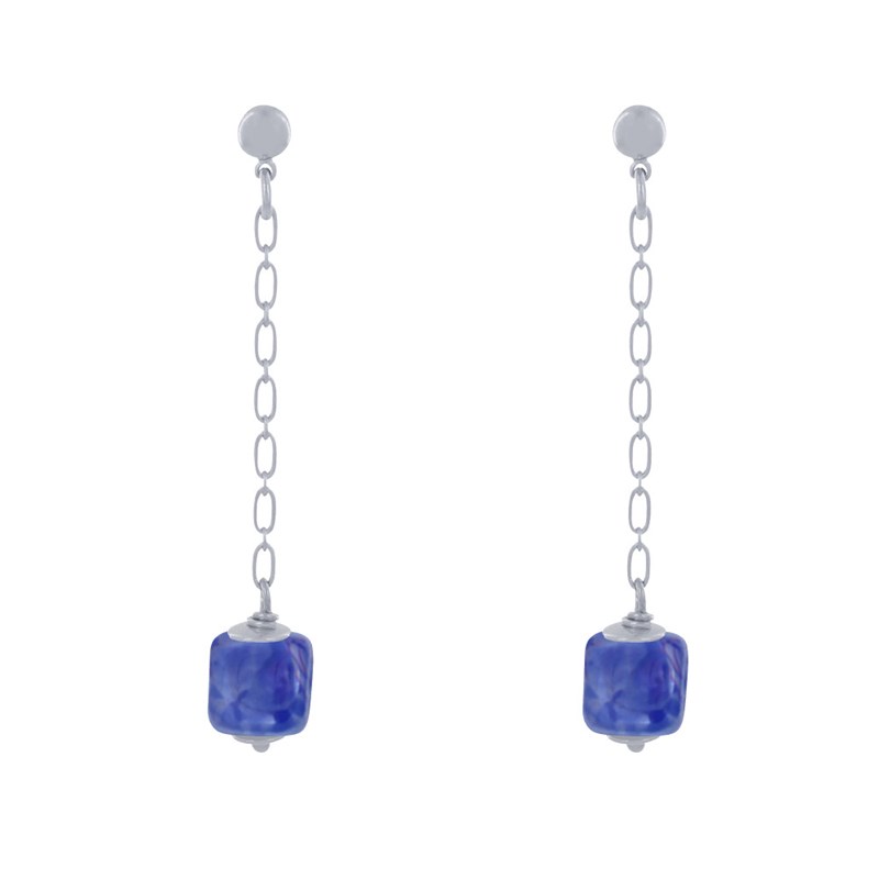 Boucles d'Oreilles Chainette Laiton Argenté et Cube en Céramique