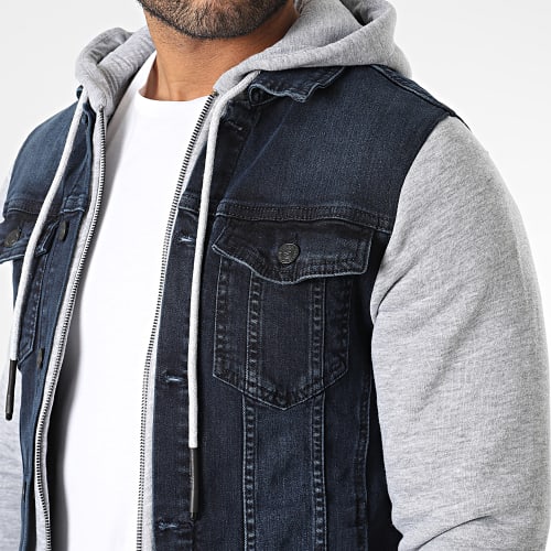 Veste Jean Capuche Bleu Brut Gris Chiné