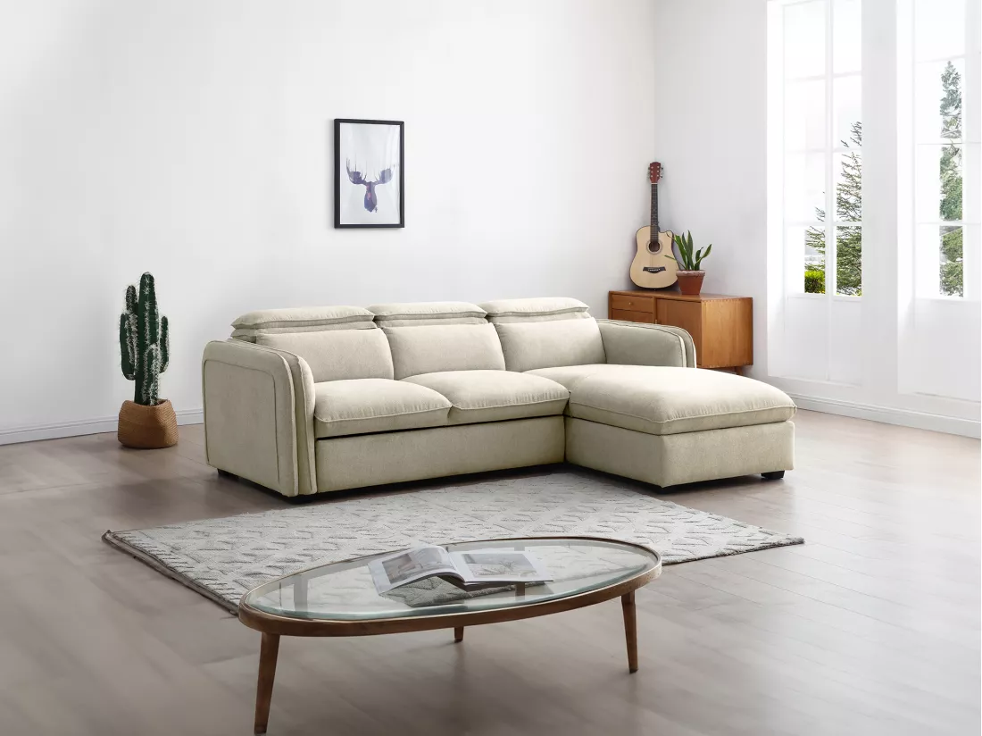 Canapé d'angle droit convertible en tissu beige ORELANA